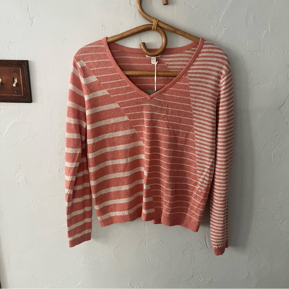 NWT Garnet Hill 100% Linen V Neck Sweater Coral Beige Striped Size Small Women's